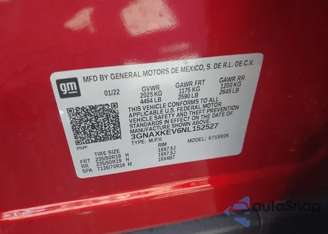 2022 Chevrolet Equinox Fwd Lt из США, поврежденный, VIN 3GNAXKEV6NL152527